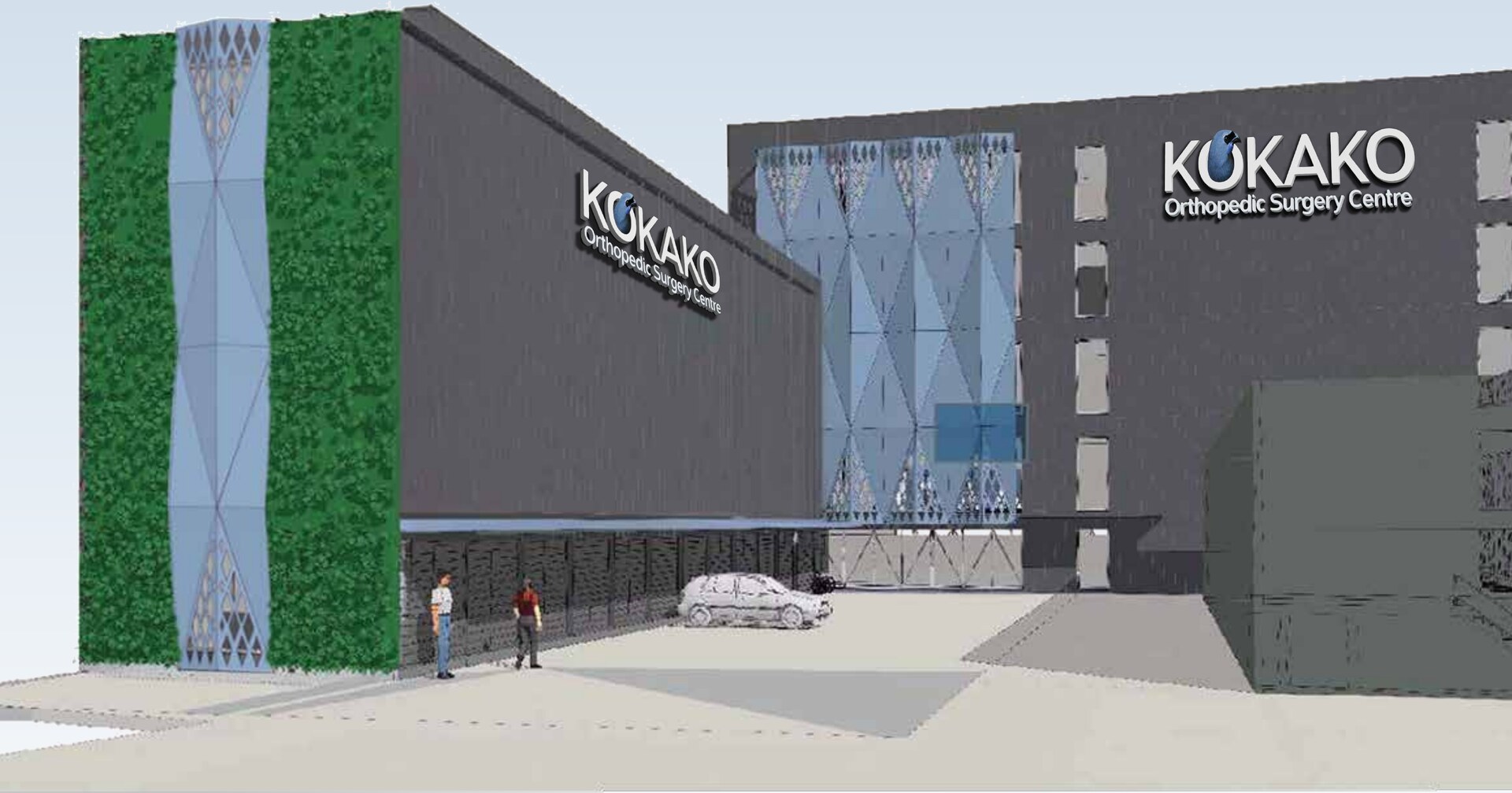 Concept render of Pacific Rise on approach, showing the living wall, the covered entry and the building signage