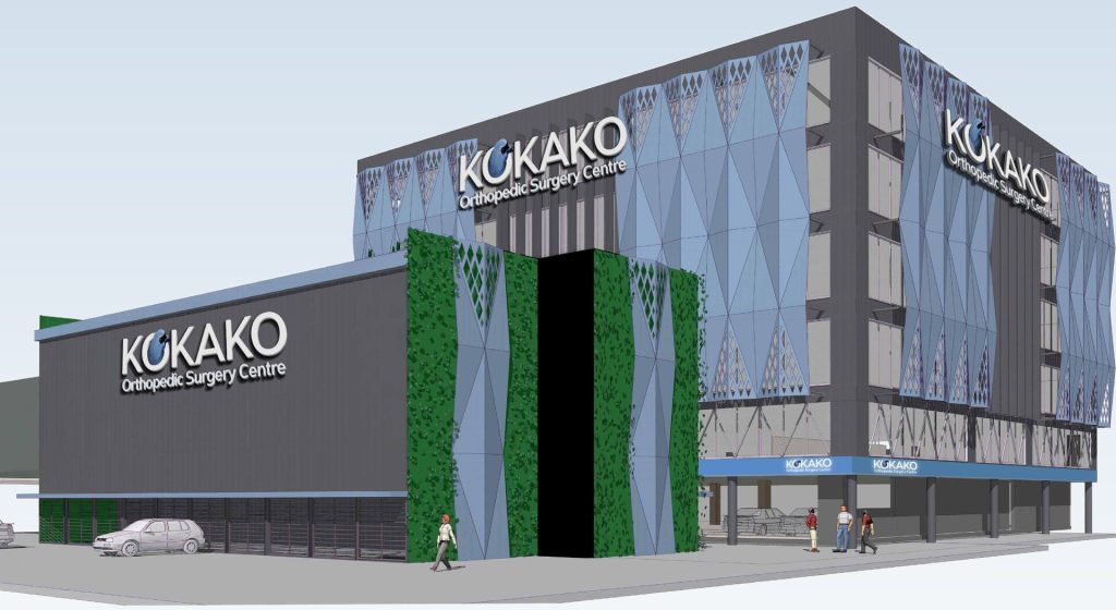 Concept render of the completed Kokako Orthopaedic Surgery Centre at Pacific Rise, seen from the street corner with its patterned blue facade and planted living wall